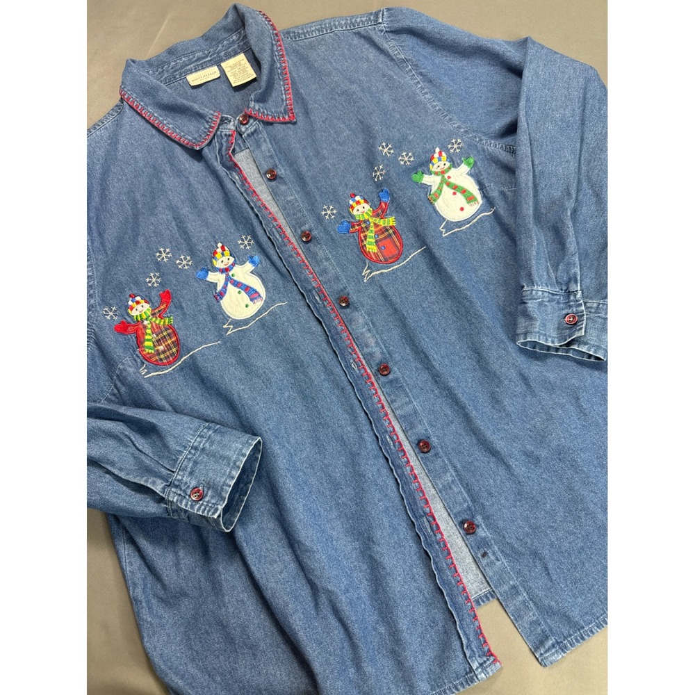 White Stag Vtg 90s Christmas Snowman Denim Shirt Women's Plus 18W/20W Cotton